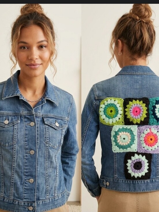Upcycled Jackets & Blazers - Upcycled jean jacket S handmade granny squares Gap
